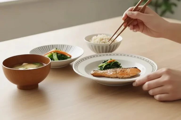 Traditional Japanese meal following the Hara Hachi Bu Diet Rule with balanced portions of fish, rice, and vegetables.