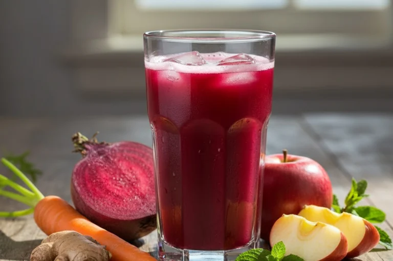Beetroot juice for skin served in a glass, surrounded by fresh beetroot, apple, carrot, and ginger ingredients.