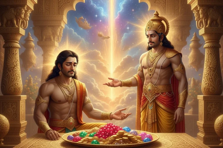 Mythological scene showing Karna served gold to eat, explaining the Karna Charity Legend.