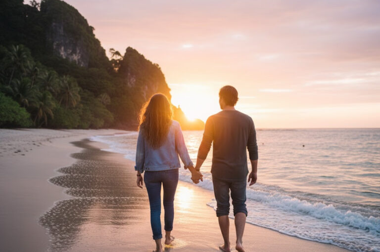 A couple holding hands while walking along a beach at sunset, symbolizing Physical Intimacy in Love and emotional closeness.