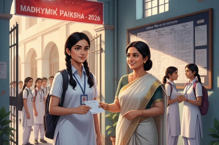 A student entering the exam hall checking rules and admit card for Madhyamik Pariksha 2026.