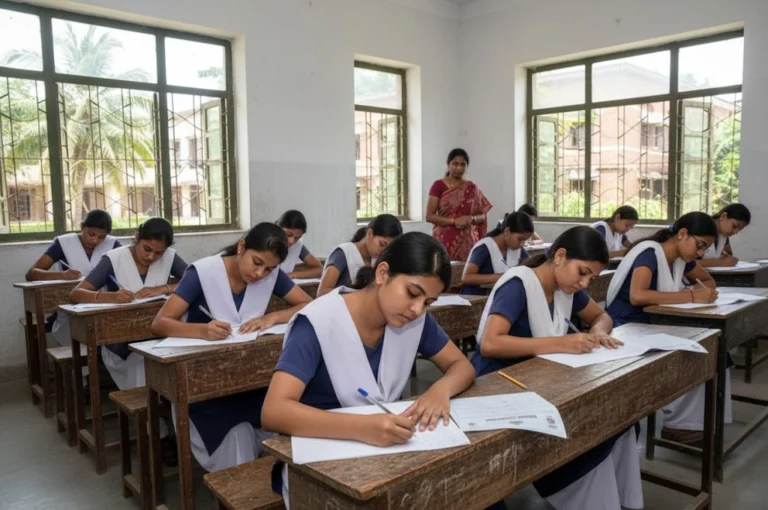 Madhyamik 2026 Lucky Colour: Student writing Madhyamik exam with lucky colored handkerchief and stationery on desk.