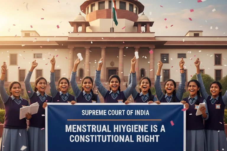 Menstrual hygiene right represented by schoolgirls celebrating Supreme Court of India verdict recognizing menstrual health as a constitutional right