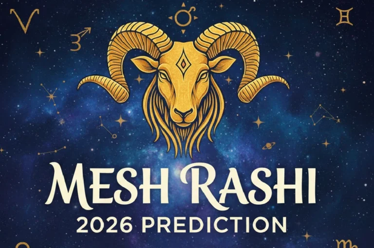 Mesh Rashi 2026 Prediction showing zodiac sign Aries with planetary transit background.