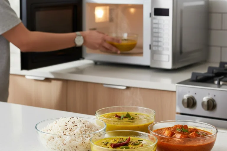Glass bowls of rice, dal, and paneer curry in front of a microwave oven, illustrating Microwave Lunch Recipes.
