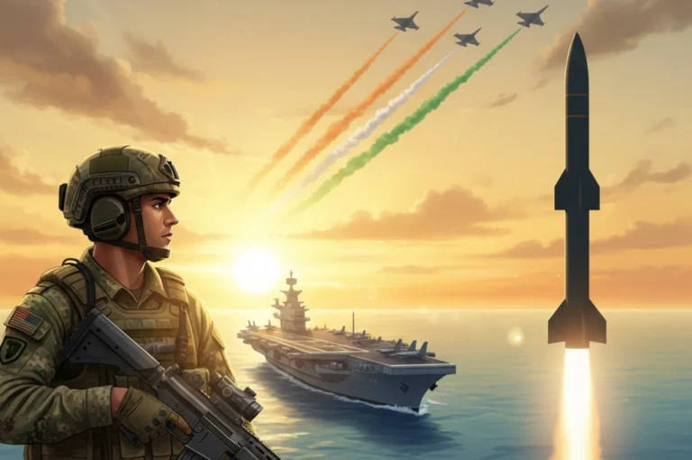 Indian Military Power Transformation: Montage of Indian soldier, INS Vikrant, and Tejas fighter jet symbolizing rising Indian military power.