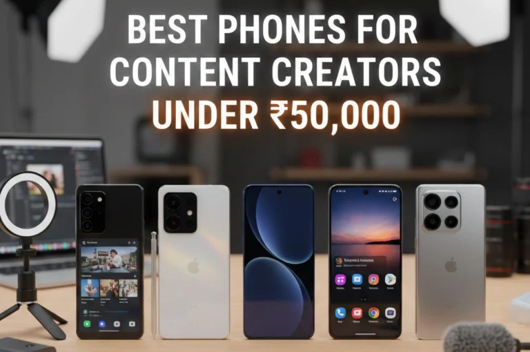 Best phones for content creators under 50000 in India – top smartphones for vloggers, photographers, and video editors with premium camera and performance.