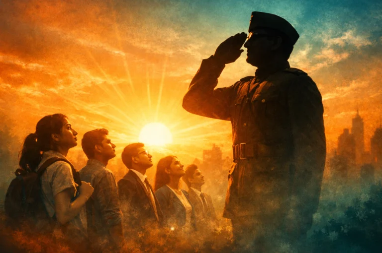 তরুণদের আজও অনুপ্রাণিত করে নেতাজির কোন ৫টি গুণ? | Netaji Leadership Qualities Conceptual art of Netaji Subhas Chandra Bose guiding the youth, representing Netaji Leadership qualities.