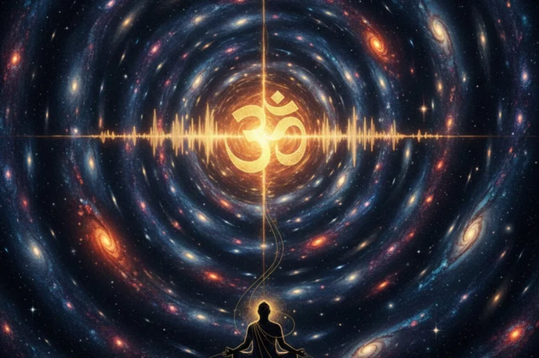 Visualization of Om sound waves merging with the cosmos, representing the Power of Om Chanting.