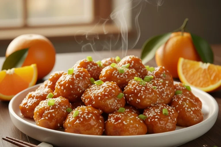 Plate of sticky and crispy Orange Chicken garnished with sesame seeds and orange slices, representing Orange Chicken Tangy recipe.