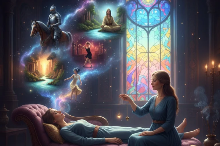 Past Life Regression therapy concept showing a woman in deep meditation or trance state.