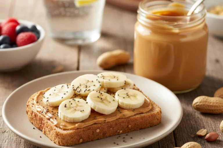 Peanut Butter Myths: Whole grain toast with peanut butter and banana, debunking Peanut Butter Myths regarding weight gain.