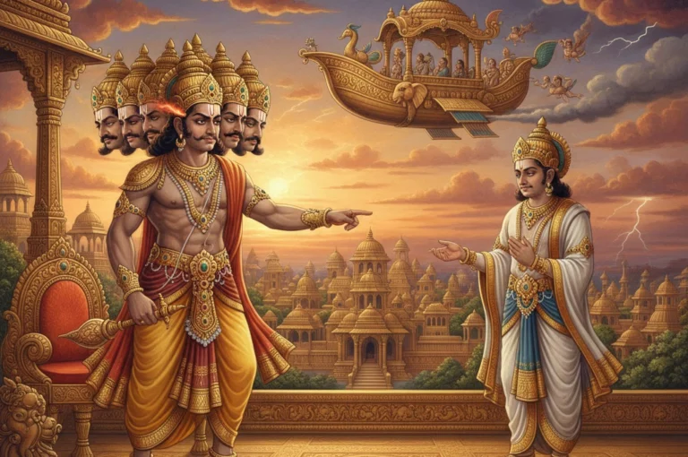 Mythological scene of Ravana confronting Kuber for the throne, illustrating the Golden Lanka History.