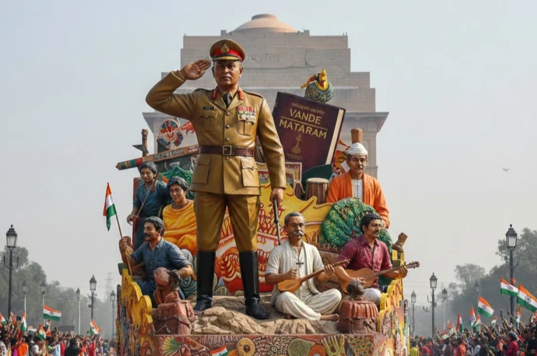 ৭৭ তম প্রজাতন্ত্র দিবস এ বাংলার গর্ব | জানুন, কীভাবে অংশগ্রহণ করল পশ্চিমবঙ্গ “77th Republic Day West Bengal tableau showcasing freedom movement theme with cultural figures, patriotic symbols, and Vande Mataram book at Kartavya Path, New Delhi.”