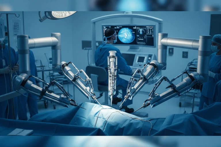 রোবোটিক সার্জারি কি সত্যিই নিরাপদ? ভুল ধারণা ভাঙুন আজই | Robotic Surgery Facts A surgeon operating via a console while robotic arms perform surgery, illustrating Robotic Surgery Facts.