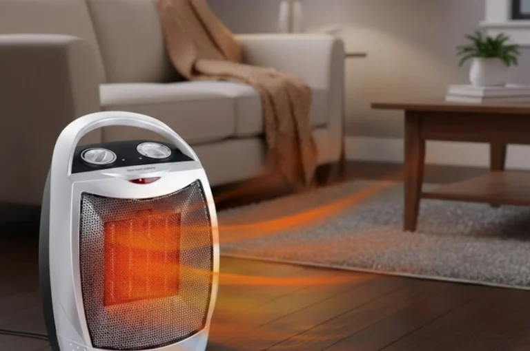 A portable electric room heater placed on a wooden floor in a cozy living room, blowing warm air. Perfect illustration for ROOM HEATER SAFETY TIPS during winter.