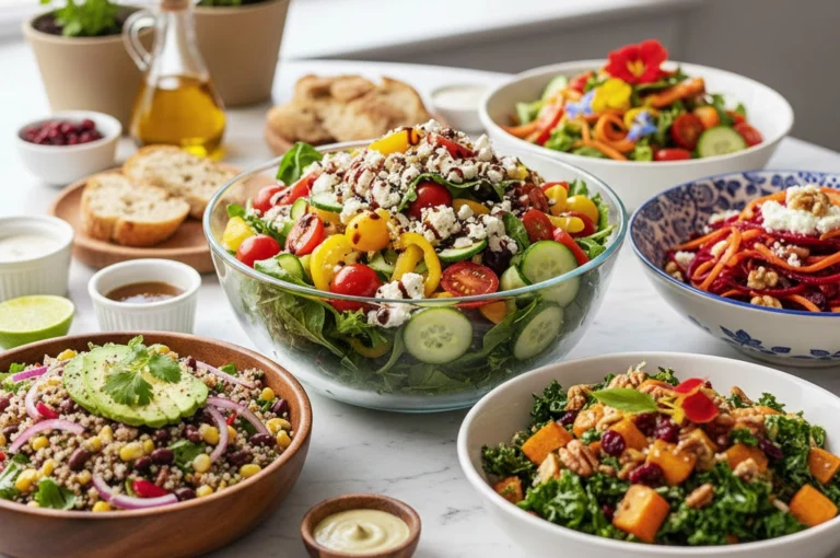 Assortment of colorful healthy salad bowls including chickpea, paneer, and fruit salads, representing Healthy Salad Recipes.