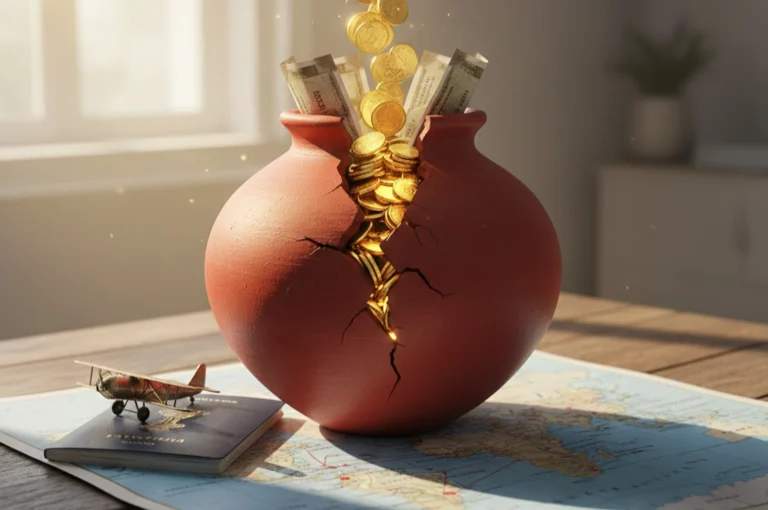 A broken clay piggy bank (Boka Bhar) with money and travel accessories, symbolizing Travel Fund Saving Tips.