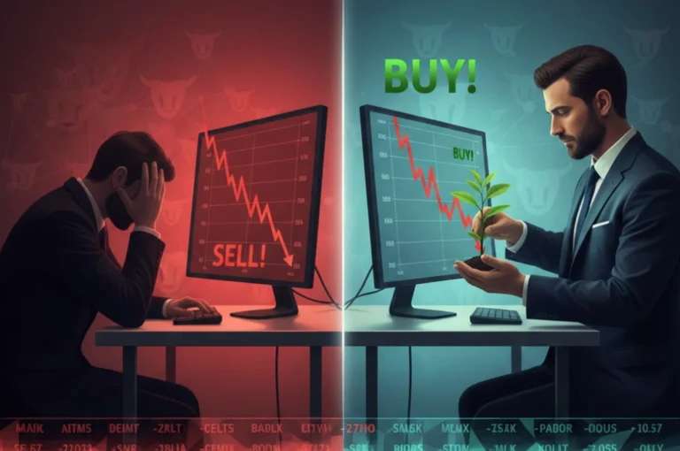 Concept art showing the difference between panic selling and smart investing during a market crash using Bear Market Tips.