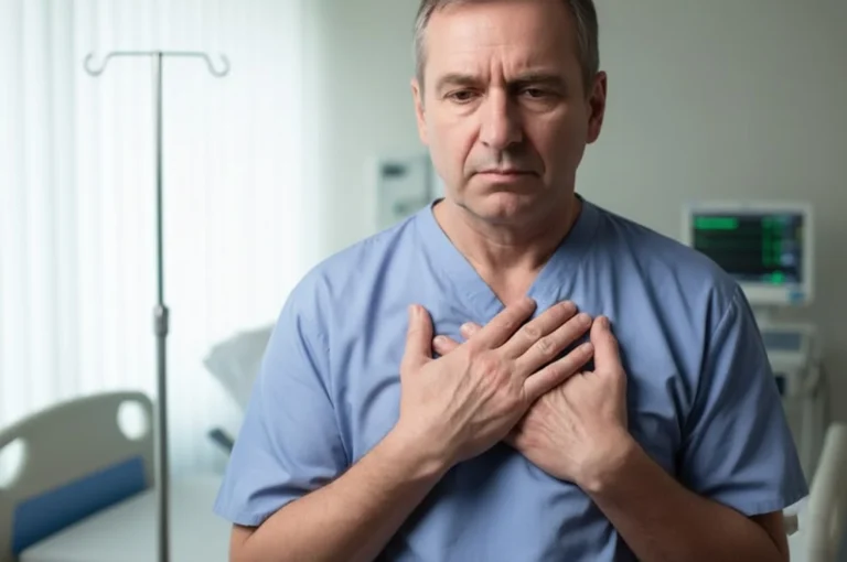 : An elderly man feeling chest discomfort in winter indicating Silent Heart Attack Symptoms.