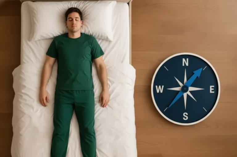 Man sleeping beside a compass showing south direction │ Best Sleeping Direction Vastu