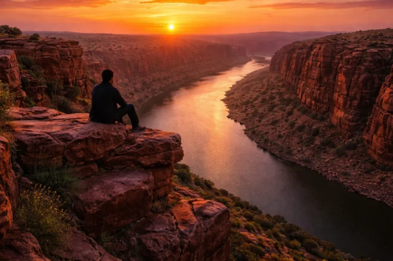 Tourist watching a dramatic sunset over the Penna river gorge at Gandikota, representing Best Sunset Points in India