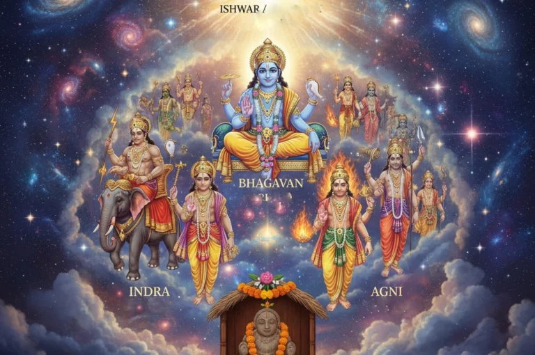 God vs Deity Meaning in Bengali: Illustration showing the difference between Ishwar, Bhagavan, Devata and Thakur in Hindu philosophy.