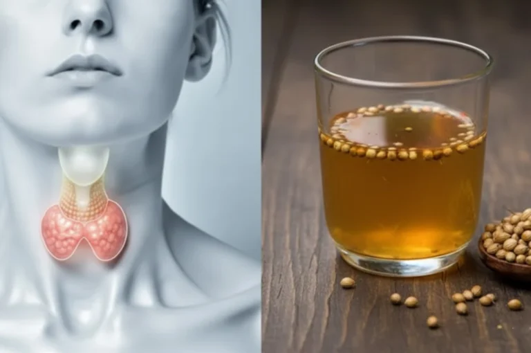 Home Remedy for Thyroid showing thyroid gland illustration alongside a glass of coriander water soaked overnight