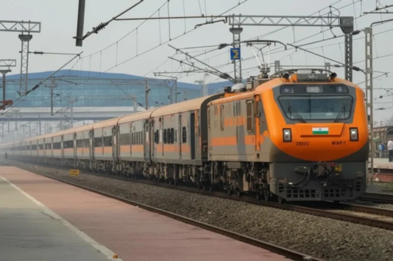 An orange and grey Indian Railways WAP-7 electric locomotive pulling a long passenger train at a station, representing Tatkal Booking New Rules 2026.