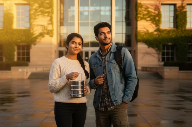 Food Racism Indian Students standing on a university campus as an Indian woman holds a traditional tiffin box beside a male student, symbolizing cultural identity and resilience against food-based discrimination.