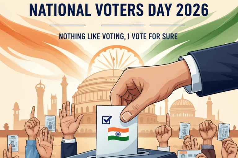 ভোটার লিস্টে নাম তুলতে আপনি তৎপর │ জানুন, জাতীয় ভোটার দিবস কবে কেন পালিত হয়? National Voters Day 2026 illustration showing Indian citizens voting, raising inked fingers and voter ID cards with Parliament and Indian tricolour in the background.