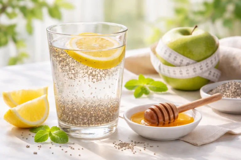 Glass of warm water with chia seeds and lemon, representing a Healthy Morning Drink for weight loss.