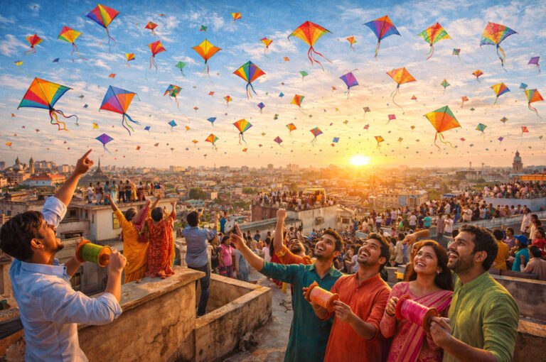 Rooftop kite flying celebration during (মকর সংক্রান্তি) with hundreds of colorful kites in the blue sky, people holding lattai on crowded terraces, and the golden morning sun rising over an Indian city