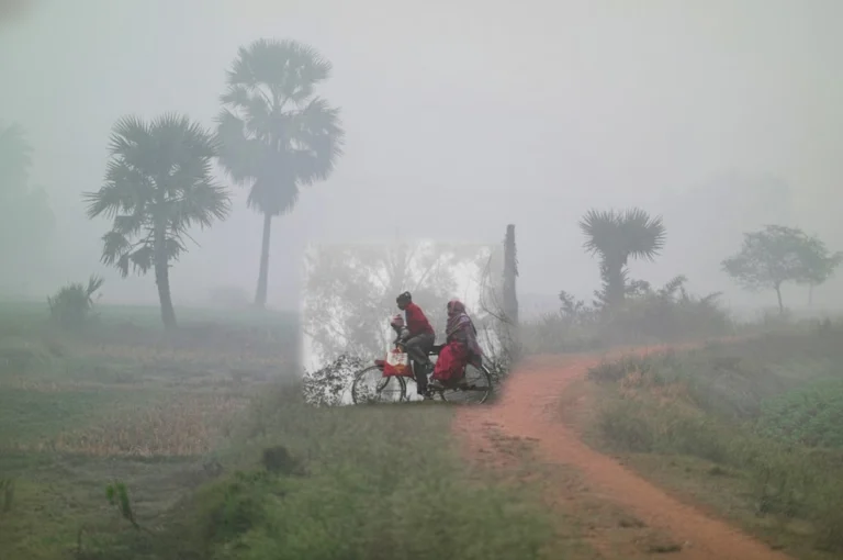 বাংলায় হাড়কাঁপানো ঠান্ডা │ জেনে নিন আসল কারণ কি? │ West Bengal’s Cold Wave People riding a bicycle on a foggy rural road during West Bengal’s cold wave morning.