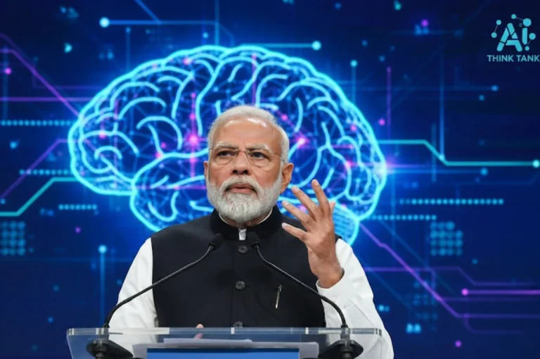 আগামী ভারতের রূপরেখা কি কৃত্রিম বুদ্ধিমত্তার হাতেই? প্রধানমন্ত্রীর ইঙ্গিত ঘিরে জোর চর্চা AI Impact Summit 2026 conference stage in New Delhi with global leaders discussing artificial intelligence governance and policy.