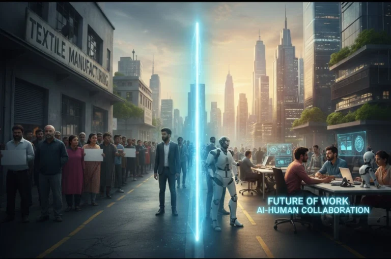 AI job crisis India showing divided future of work with unemployed workers on one side and AI-human collaboration in modern offices on the other
