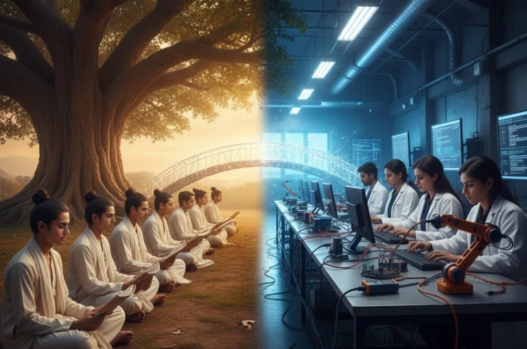 গুরুকুলের বারান্দা থেকে ইঞ্জিনিয়ারিং ল্যাব: বৈদিক শিক্ষা ও আধুনিক প্রযুক্তির এক অভূতপূর্ব মেলবন্ধন A conceptual image showing the integration of traditional Vedic learning in a gurukul and modern technical education in an engineering lab.