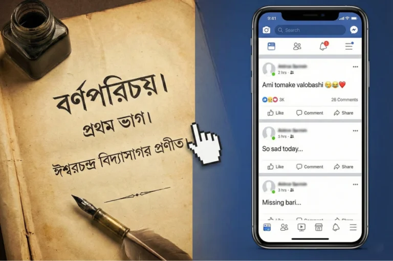 Digital Impact on Bengali Language showing a classic Bengali book on one side and a modern social media feed on a smartphone on the other