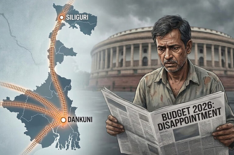 Illustration showing high speed rail route on Bengal map vs disappointed common people after Budget 2026.
