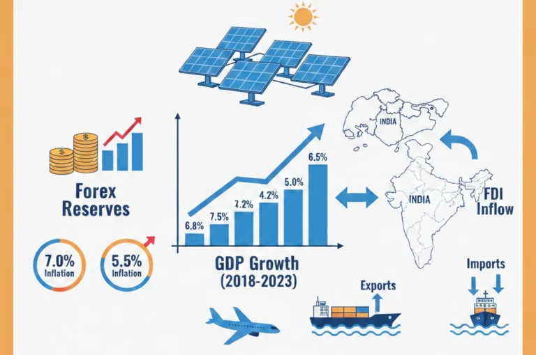 WBSSC Clerk Economic Affairs infographic showing GDP growth 7.4%, FDI from Singapore, export-import data, forex reserves, inflation rate, airport expansion and solar energy rank for exam preparation.