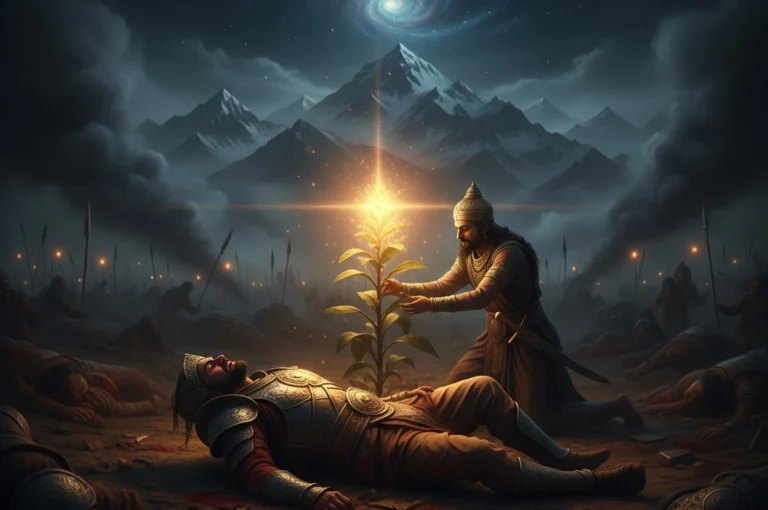 mrit-sanjibani-rahoshyo glowing ancient Sanjivani herb reviving warrior with modern medical life support concept