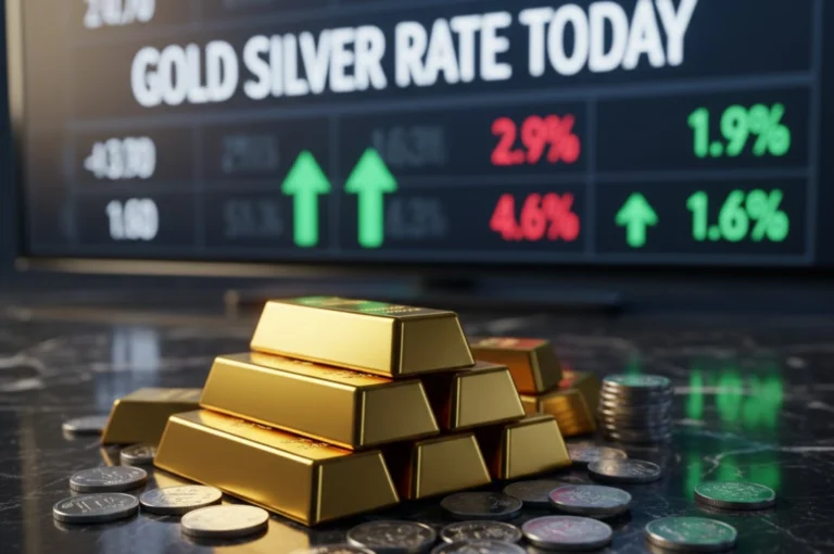 ঊর্ধ্বমুখী সোনা-রুপো! দ্বিধায় ক্রেতারা—বাজারের এই সংকেত কী বলছে? Gold bars and silver coins representing Gold Silver Rate Today and latest bullion price update in India
