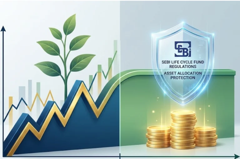 Conceptual illustration showing the glide path of SEBI's new Life Cycle Fund protecting investor wealth over time.