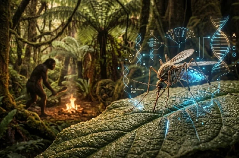 Artistic depiction of Mosquito evolution with prehistoric human and DNA graphics