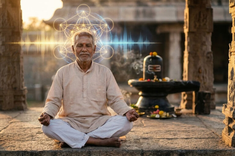 Om Namah Shivaya Mantra Science and brain wave stimulation during meditation in an ancient temple setting.