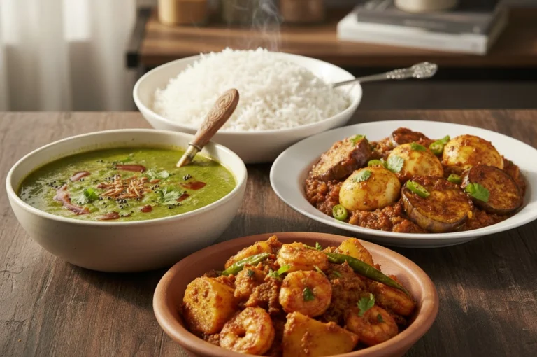 A wholesome Lunch break recipe featuring steamed white rice, a flavorful spiced curry, and a smooth green lentil dish—ideal for a balanced and satisfying midday meal.