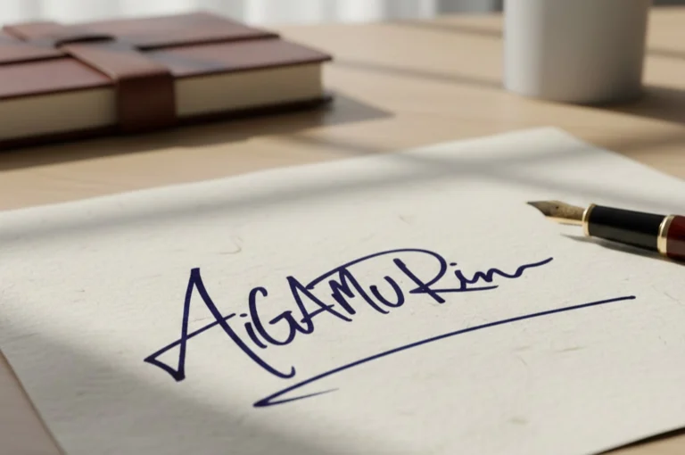 "An elegant desk setting featuring a professional signature graphology analysis, showing a bold, rising signature on textured paper next to a fountain pen, symbolizing personality growth and a successful future lifestyle."