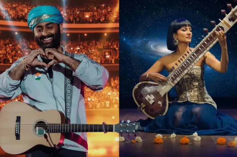 Anushka Shankar achievements shown through a powerful image of her playing the sitar alongside Arijit Singh performing live on stage, representing modern and classical Indian music.