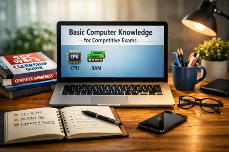 basic computer knowledge study setup for competitive exam preparation with laptop and books