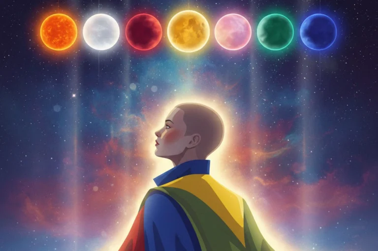 Person wearing color-coded clothes under glowing planets representing planetary color remedy and astrology-based color therapy.